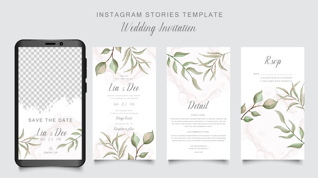 Modèle D'histoires Instagram Pour Carte D'invitation De Mariage Avec Fond De Feuille Verte