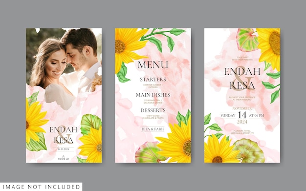 Modèle d'histoires instagram pour invitation de mariage avec tournesol aquarelle