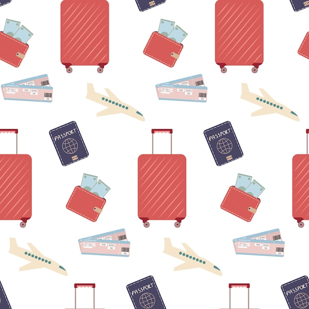 modèle homogène avec des avions bagages valises billets d'avion passeport portefeuille arrière-plan touriste