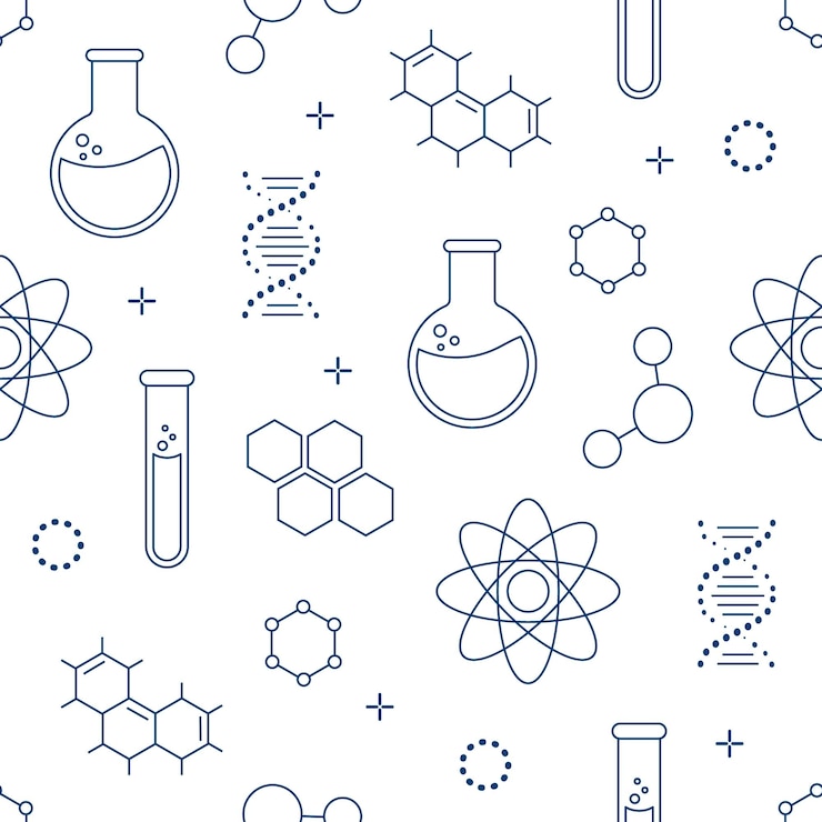Vecteur un modèle homogène sur le sujet de la chimie avec des bulles, des tubes d'essai et des molécules.