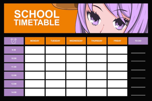 Vecteur modèle d'horaire de l'école d'anime