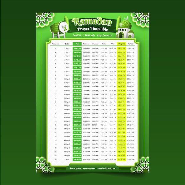 Modèle D'horaire De Prière Du Ramadan Avec Des Ornements Verts