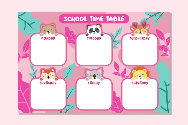 Modèle d'horaire de retour à l'école Thème animal mignon