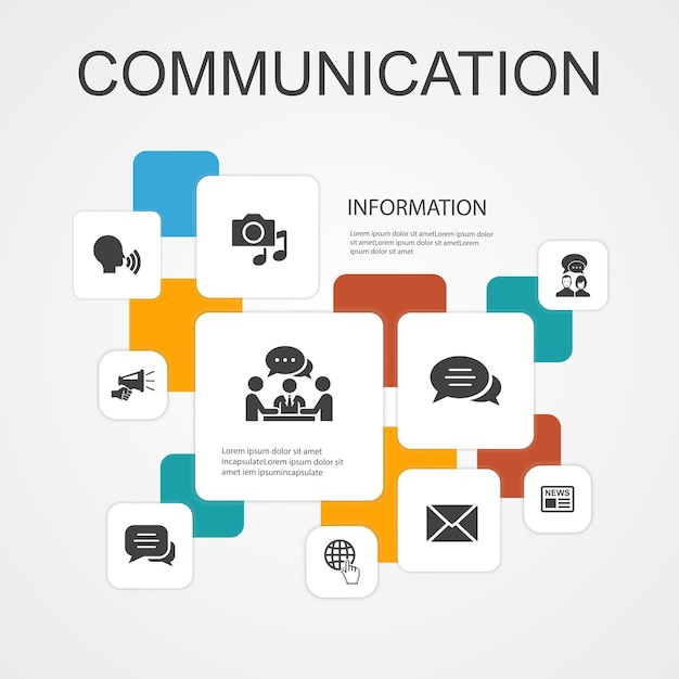 Vecteur modèle d'icônes de 10 lignes d'infographie de communication. internet, message, discussion, annonces icônes simples