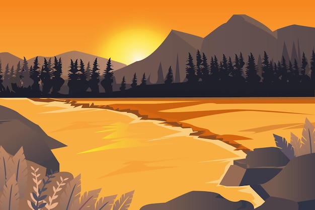 Modèle d'illustration de paysage de coucher de soleil de montagne de vecteur