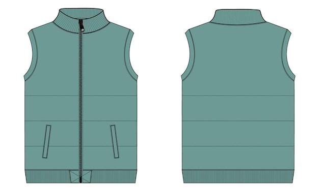 Un Modèle D'illustration Vectorielle De Croquis Plat De Mode Technique Gilet Vert Vues Avant Et Arrière