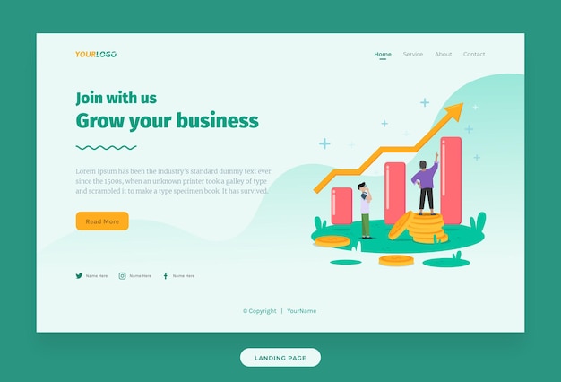 Modèle d'illustration Web Développez votre entreprise avec un dollar de pièce de monnaie de caractère d'illustration de statistiques