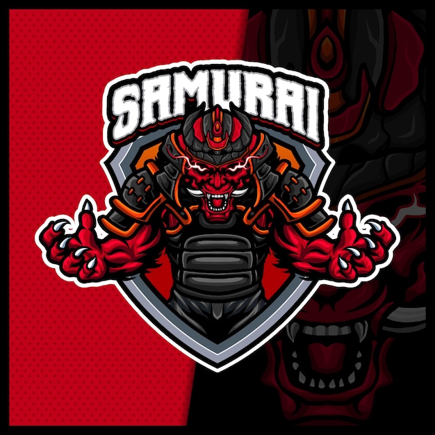 Vecteur modèle d'illustrations de logo esport samouraï oni monstre mascotte, style de dessin animé ninja diable