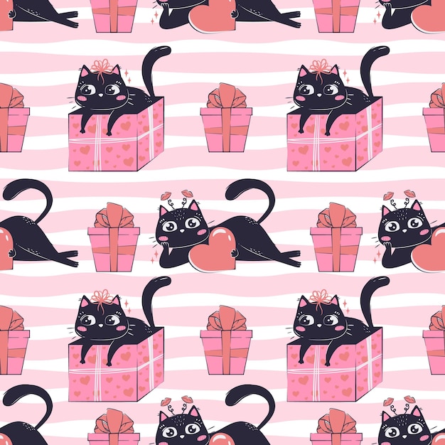 Modèle imprimé motif sans couture avec chat drôle noir pour Valentine39s jour isolé papier d'emballage d'amour coloré