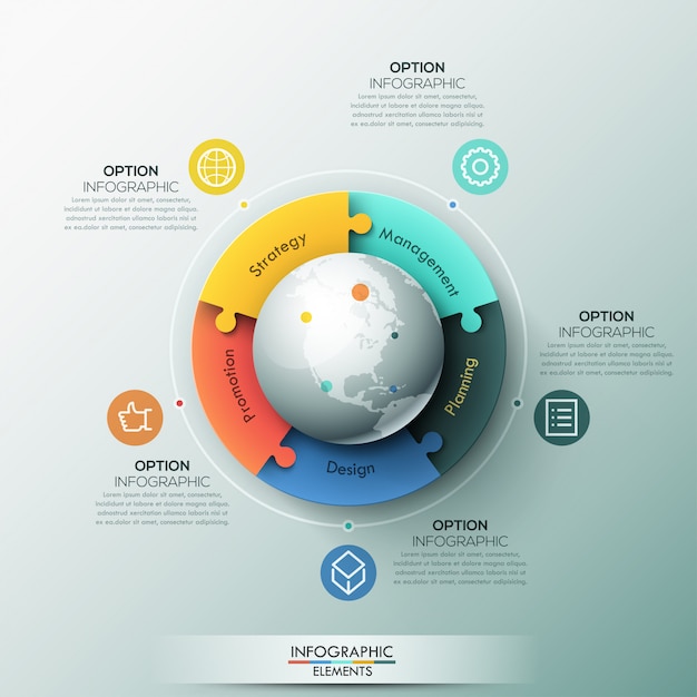 Modèle D'infographie, 5 Pièces De Puzzle Connectées Situées Autour Du Globe