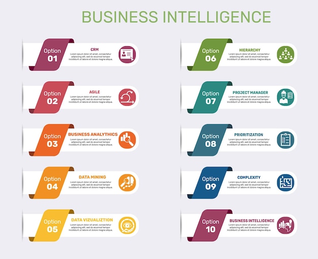 Modèle D'infographie Business Intelligence Icônes De Différentes Couleurs Inclure Crm Agile Business Analytics Data Mining Et Autres