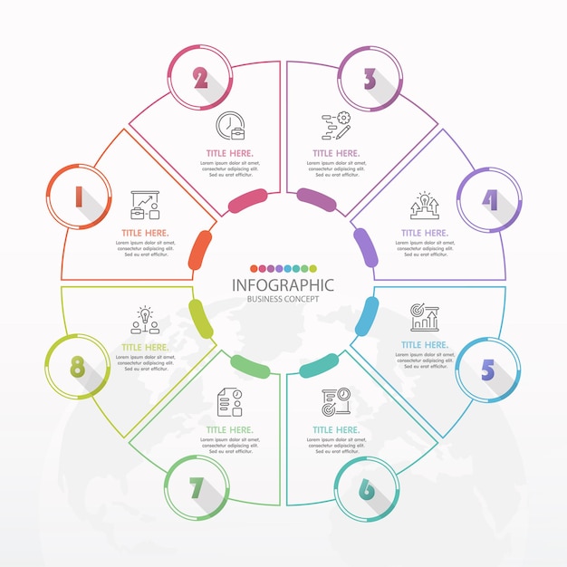 Modèle d'infographie de cercle de base avec 8 étapes, processus ou options, organigramme de processus, utilisé pour le diagramme de processus, les présentations, la mise en page du flux de travail, l'organigramme, l'infographie. Illustration vectorielle eps10.