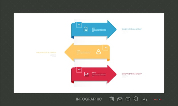 Modèle d'infographie de chronologie avec flèches, organigramme, flux de travail ou infographie de processus, icônes