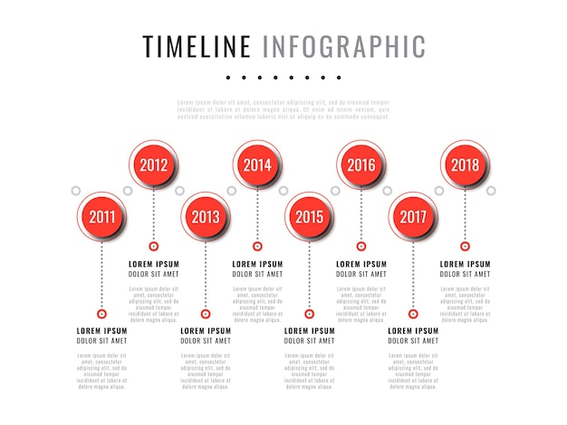 Modèle D'infographie De Chronologie Moderne Avec Huit éléments Ronds Rouges Sur Fond Blanc