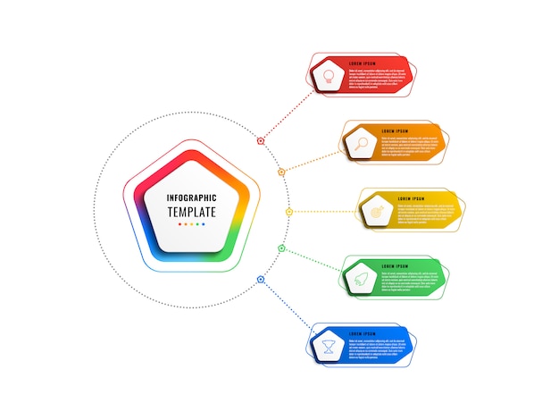 Modèle D'infographie De Cinq Options Avec Pentagones Et éléments Polygonaux Sur Fond Blanc. Visualisation Des Processus D'affaires Modernes Avec Des Icônes De Marketing En Ligne Mince.