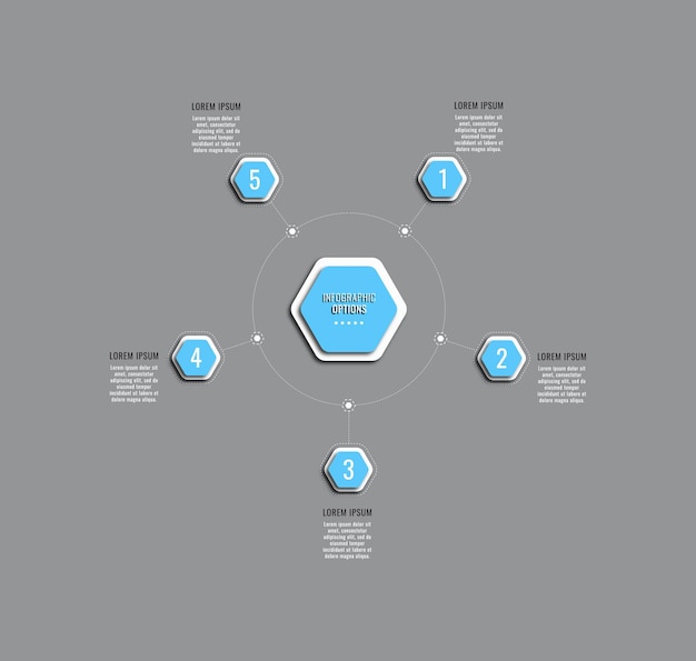 Modèle d'infographie circulaire avec cinq éléments hexagonaux bleu clair sur fond gris