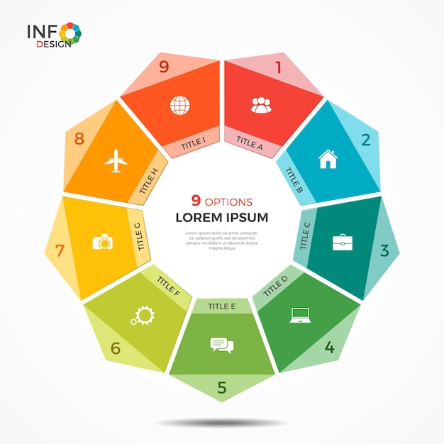 Modèle d'infographie coloré avec graphique de cercle de 9 options. Les éléments de ce modèle peuvent être facilement ajustés, transformés, ajoutés/complétés, supprimés et la couleur peut être modifiée.