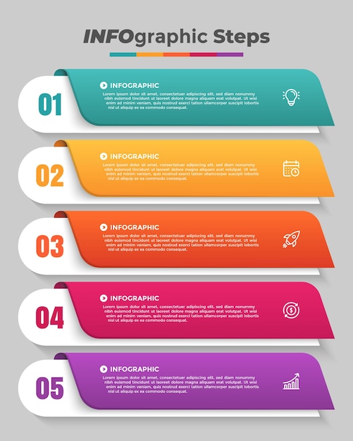 Vecteur modèle d'infographie commerciale colorée en cinq étapes