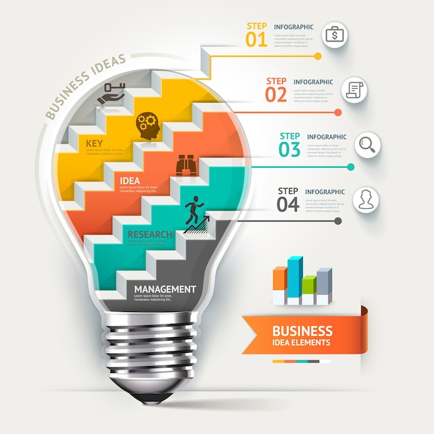 Modèle D'infographie De Concept D'entreprise. Idée D'escalier D'ampoule.