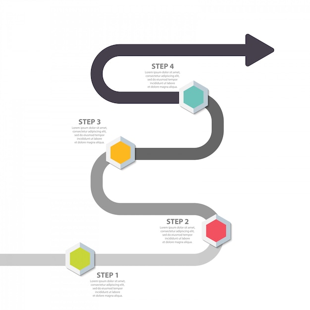 Modèle D'infographie. Croissance De Route De Concept De Flèche Quatre étapes Vers Le Haut Avec Des Goupilles De Couleur.