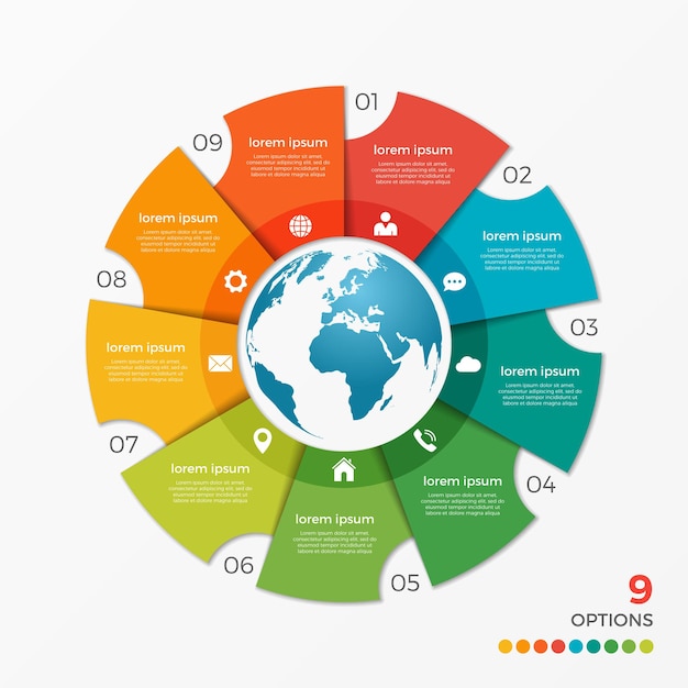 Modèle D'infographie De Diagramme Circulaire Avec Des Options De Globe 9 Pour Les Présentations, La Publicité, Les Mises En Page, Les Rapports Annuels, La Conception Web.