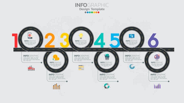 Vecteur modèle d'infographie avec diagramme de processus de workflow à 6 éléments.