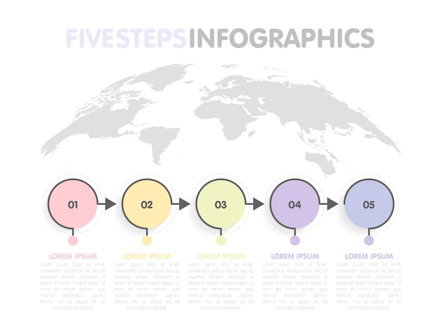 Modèle D'infographie D'entreprise. Chronologie Avec 5 étapes De Flèche Circulaire, Cinq Options Numériques. Carte Du Monde En Arrière-plan.