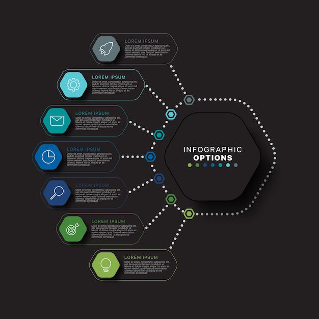 Modèle D'infographie D'entreprise Avec Des éléments Réalistes Hexagonaux Dans Des Couleurs Plates Sur Fond Noir