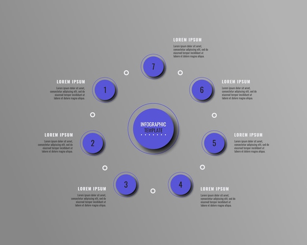 Modèle d'infographie d'entreprise gris circulaire avec sept éléments ronds violets et zones de texte