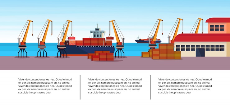 Vecteur modèle d'infographie d'entreprise industrielle de logistique de grue de fret de port de mer