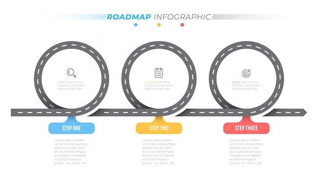 Modèle D'infographie De Feuille De Route. Chronologie Avec 3 étapes, Options. étiquette De Conception De Concept D'entreprise Et Icônes.