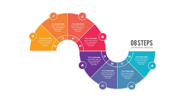 Vecteur modèle d'infographie de feuille de route du flux de travail du processus avec 8 étapes