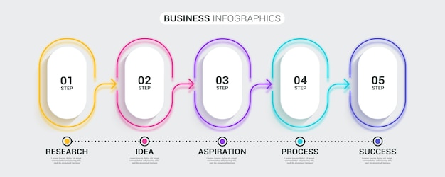 Modèle D'infographie En Ligne Mince 3d Néon Abstrait Avec 5 étapes.