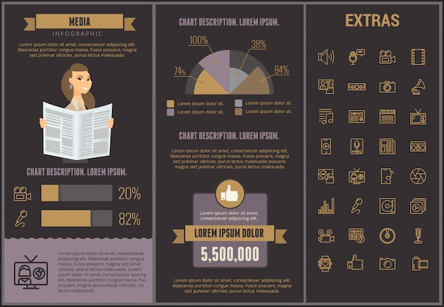 Vecteur modèle d'infographie de média, des éléments et des icônes