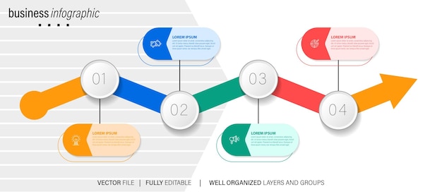 Modèle d'infographie de point moderne avec 4 étapes Modèle de cercle d'affaires avec options de brochure