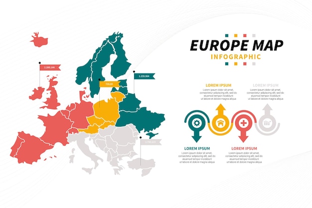 Vecteur modèle d'infographie de la population de la carte de l'europe avec des icônes