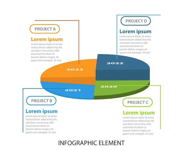 Modèle d'infographie pour les entreprises. Diagramme à secteurs 3D moderne en 4 étapes, vecteur de présentation