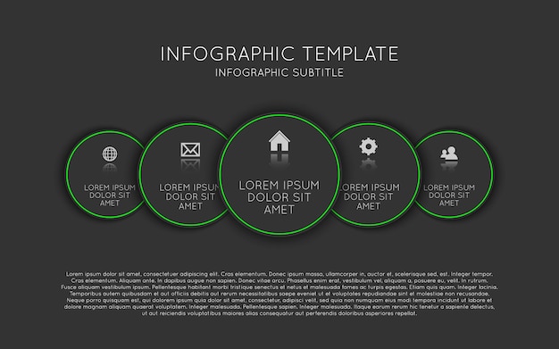 Modèle d'infographie vectorielle avec cinq cercles sombres avec des icônes et des descriptions Schéma de processus moderne sur fond noir.
