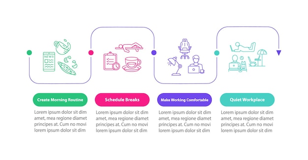 Modèle D'infographie Vectorielle De Conseils De Travail à Domicile. Pauses Et éléments De Conception De Présentation De Lieu De Travail Silencieux. Visualisation Des Données En 4 étapes. Diagramme De Chronologie De Processus. Disposition Du Flux De Travail Avec Des Icônes Linéaires