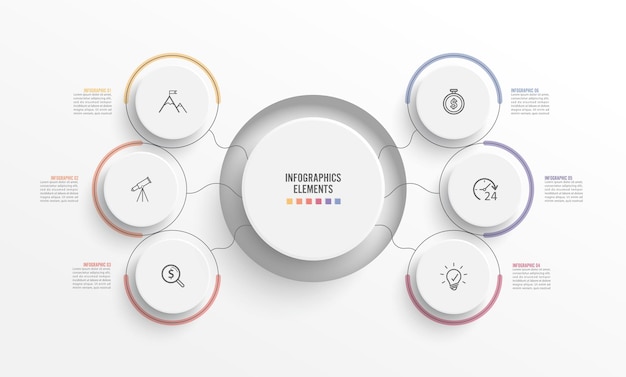 Modèle d'infographie vectorielle avec étiquette en papier 3D, cercles intégrés. Concept d'entreprise avec 6 options. Pour le contenu, le diagramme, l'organigramme, les étapes, les pièces, l'infographie de la chronologie, le flux de travail, le graphique.