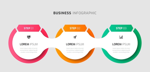 Modèle D'infographie Vectorielle Avec Icônes D'étiquette Circulaire Et 3 étapes De Présentation