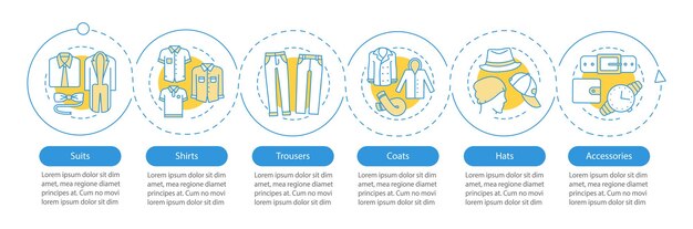 Modèle D'infographie Vectorielle De Mode Masculine Vêtements Costumes Chemises Pantalons Manteaux Chapeaux Accessoires Visualisation Des Données Avec Cinq étapes D'options Diagramme De Chronologie Des Processus Disposition Du Flux De Travail Avec Des Icônes