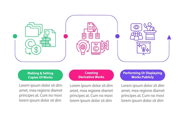 Modèle D'infographie Vectorielle Unique Sur Les Droits D'auteur. Création D'éléments De Conception De Présentation D'œuvres Dérivées. Visualisation Des Données En 3 étapes. Diagramme De Chronologie De Processus. Disposition Du Flux De Travail Avec Des Icônes Linéaires