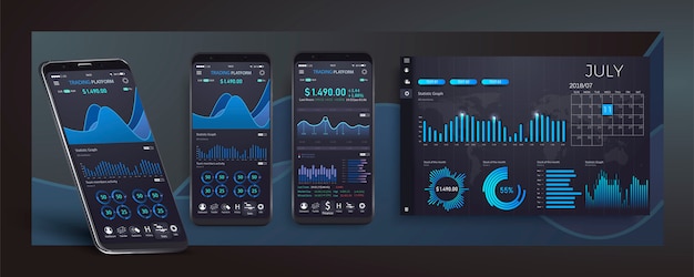 Modèle Infographique D'application Mobile Avec Des Graphiques De Statistiques Hebdomadaires Et Annuelles De Conception Moderne. Diagrammes Circulaires, Workflow, Conception De Sites Web