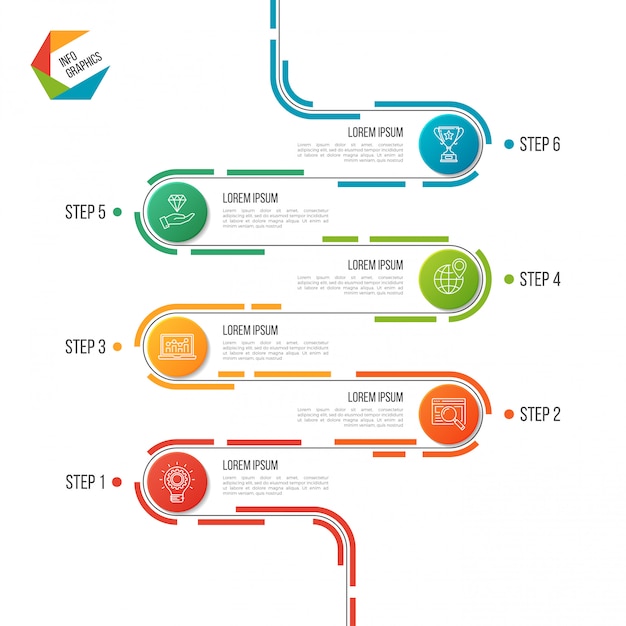 Vecteur modèle infographique de chronologie routière abstraite en 6 étapes.