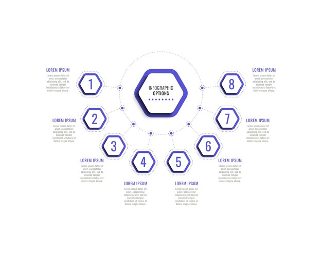 Modèle Infographique Horizontal En Huit étapes Avec éléments Hexagonaux Violets Sur Fond Blanc