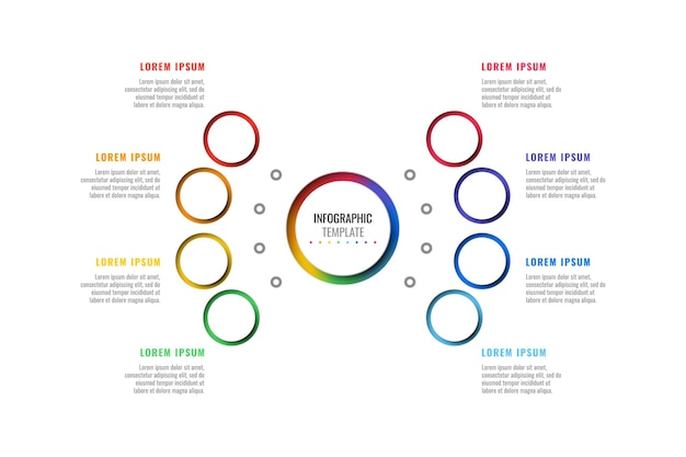 Modèle Infographique De Mise En Page De Conception En Huit étapes Avec Des éléments Multicolores Ronds Sur Fond Blanc