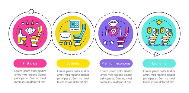 Modèle Infographique Vectoriel De Siège De Classe De Voyage D'avion. éléments De Conception De Présentation D'entreprise. Visualisation Des Données Avec Quatre étapes Et Options. Diagramme Chronologique Du Processus. Disposition Du Flux De Travail Avec Des Icônes Linéaires