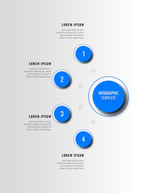 Modèle infographique vertical avec quatre éléments ronds bleus sur fond blanc