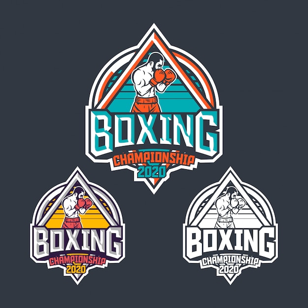 Vecteur modèle d'insigne rétro de championnat de boxe 2020 avec illustration de boxeur